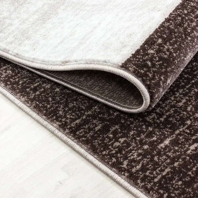 Kurzflorteppich Parma 9220 - Braun, 150 x 80 cm, 100% Polypropylen - Nahaufnahme eines modern gemusterten Teppichs mit einem braun-grauen Farbschema und einer dezenten Bordüre, der auf einem hellen Holzboden liegt.