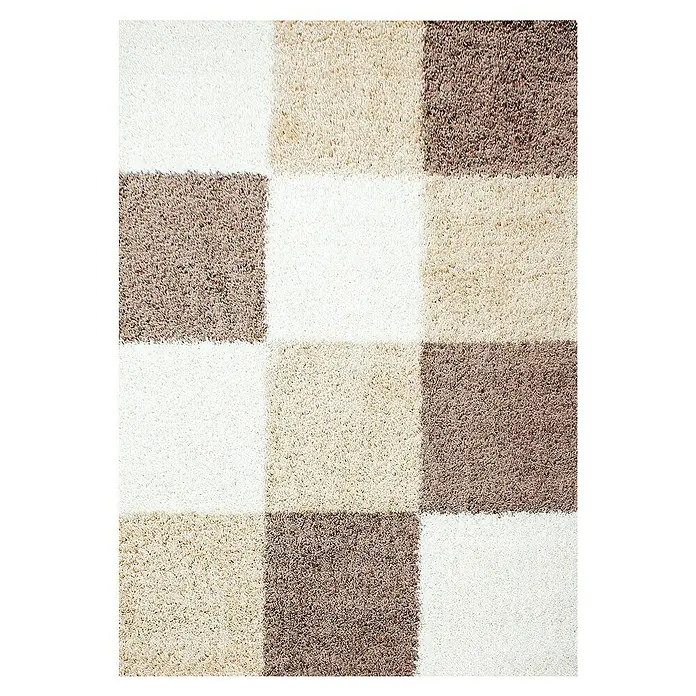 Hochflorteppich Life 1501Mocca, 150 x 80 cm, 100% Polypropylen - Hochflor-Teppich mit schachbrettartigem Muster in Weiß-, Beige- und Brauntönen für ein stilvolles Ambiente.