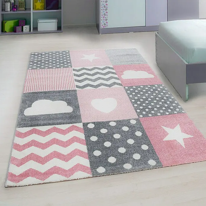 Kinderteppich Kids 0620 - Pink, 200 x 140 cm, 100 % Polypropylen - Bunter Kinderteppich mit Sternen, Herzen, Wolken, Streifen und Zickzackmuster in Rosa, Grau und Weiß für ein verspieltes Kinderzimmer.