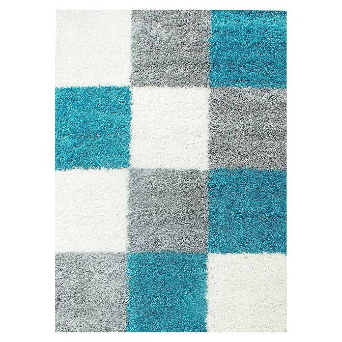 Hochflorteppich Life 1501 - Türkis, 290 x 200 cm, 100% Polypropylen - Nahaufnahme eines quadratischen Teppichs mit blauen, grauen und weißen Feldern.
