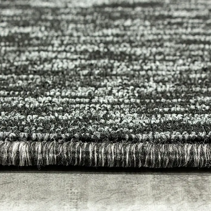 Flachgewebeteppich Nizza 1800 - Anthrazit, 100 x 60 cm, 100% Polypropylen - Nahaufnahme eines strapazierfähigen, grau-weiß gestreiften Teppichs, ideal für stark frequentierte Bereiche.
