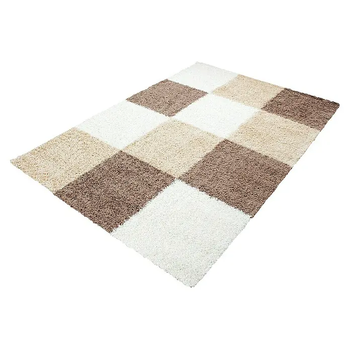 Hochflorteppich Life 1501 - Mocca, 110 x 60 cm, 100% Polypropylen - Teppich mit quadratischem Muster in Braun-, Beige- und Weißtönen.