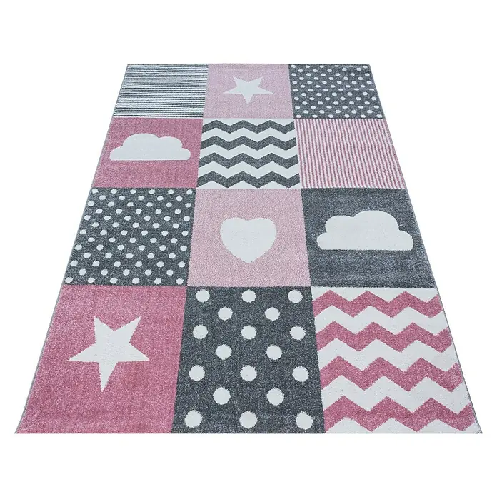 Kinderteppich Kids 0620Pink, 150 x 80 cm, 100% Polypropylen - Bunter Kinderteppich mit Sternen, Wolken, Herzen, Streifen, Punkten und Zickzackmustern in Grau und Rosa. Ideal für das Kinderzimmer.