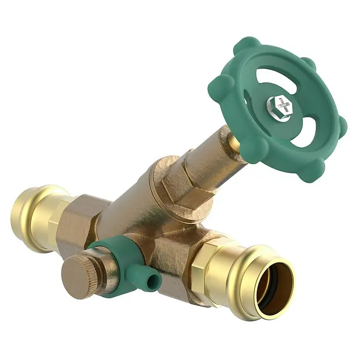 Absperrventil - Durchmesser: 18 mm, Mit Entleerung - Messing Absperrventil mit grünem Griff. Ideal für Wasser- und Sanitäranwendungen.