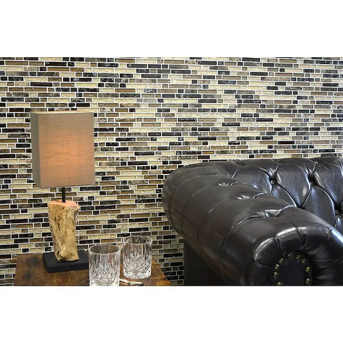 Mosaikfliese Verbund Crystal Mix XIC V1355 - 29,8 x 30,5 cm, Braun, Glänzend - Nahaufnahme einer Wandfliese mit braunen, beigen und schwarzen Farbtönen, die ein elegantes und modernes Design bietet.