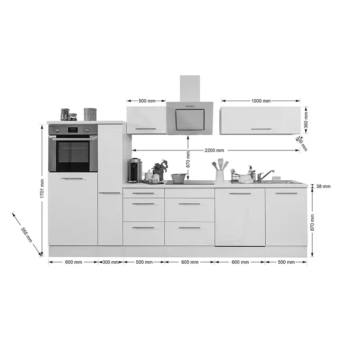 Respekta Premium Composición de cocina Amanda - Ancho: 310 cm, Blanco (campana negra), Con electrodomésticos - Imagen de una cocina blanca moderna con dimensiones, incluyendo armarios, horno y campana.