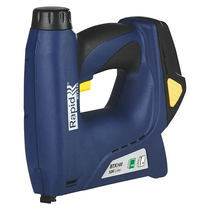 Rapid Akku-Tacker BTX140 - 7,2 V, 1 Akku, 1.300 mAh, Klammertiefe: 6 mm - 14 mm - Das Bild zeigt einen Rapid BTX140 Akku-Tacker in Blau und Schwarz, ein Werkzeug zum schnellen Befestigen von Materialien.