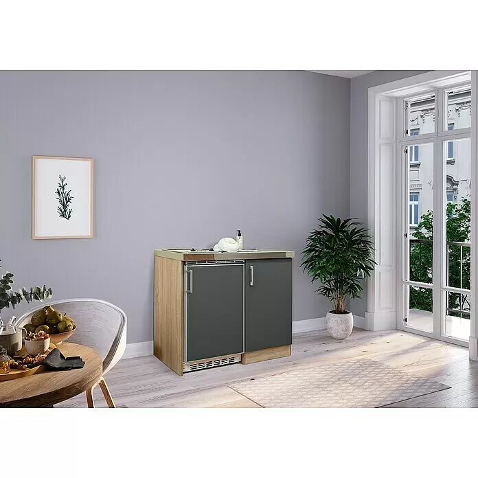 Respekta Miniküche Levin - Breite: 100 cm, Grau, Mit Glaskeramikkochfeld - Kompakte Küchenzeile mit Spüle, Minikühlschrank und grauen Schranktüren, mit hellen Holzseiten, ideal für kleine Räume.