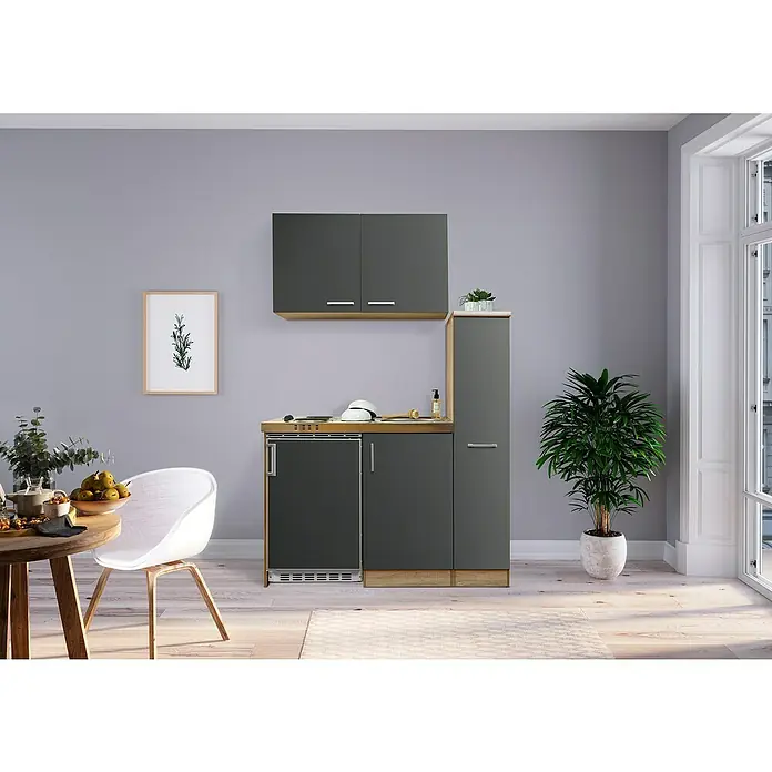 Respekta Miniküche Levin - Breite: 130 cm, Grau, Mit Platten-Kochfeld - Eine kompakte Küchenzeile mit grauen Schränken, Holzdetails und modernen Geräten, ideal für kleine Räume. Perfekt für stilvolles Kochen und Aufbewahren.