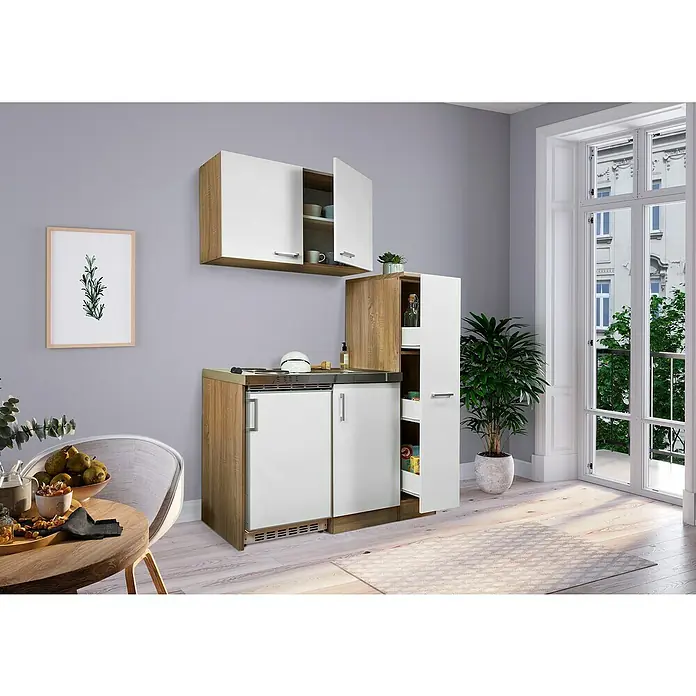Respekta Miniküche Levin - Breite: 130 cm, Weiß, Mit Platten-Kochfeld - Kompakte Küchenzeile mit weißen Fronten und Holzelementen, inklusive Kühlschrank, Kochfeld und Stauraum, ideal für kleine Wohnungen oder Studios.