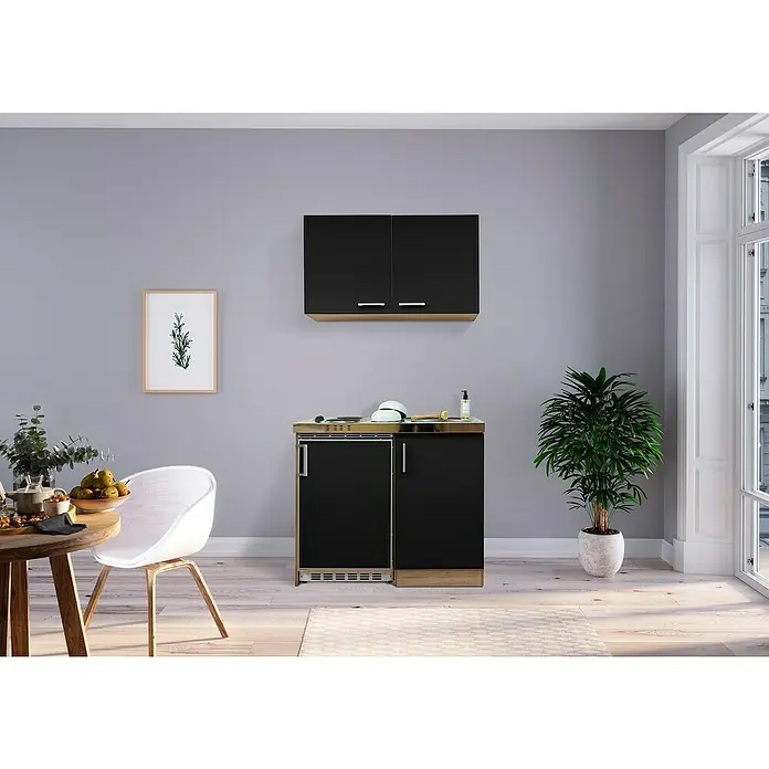 Respekta Minicocina Levin - Ancho: 100 cm, Negro, Con placa de cocción doble, Con armario superior - Área de cocina con un armario bajo negro con fregadero, placa de cocina y almacenamiento, complementado por un armario de pared negro.