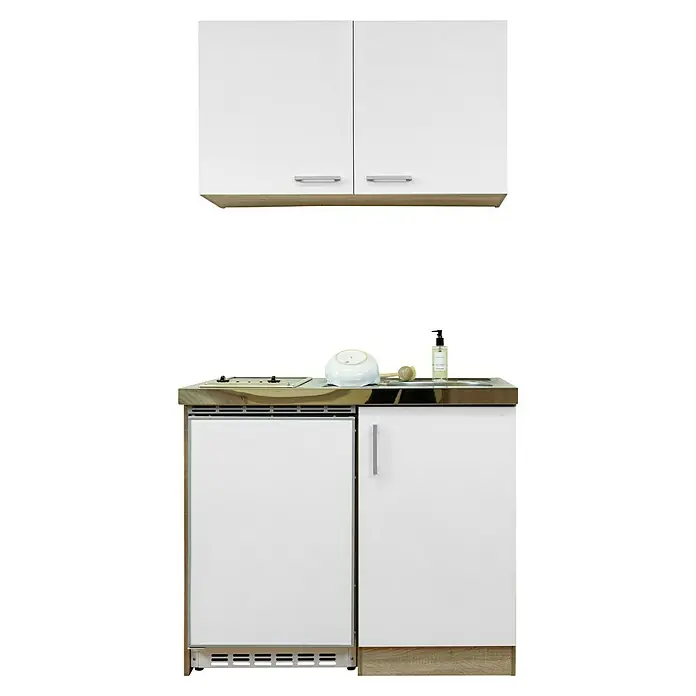 Respekta Miniküche Levin - Breite: 100 cm, Weiß, Mit Glaskeramikkochfeld, Mit Oberschrank - Kompakte Küchenzeile mit weißen Schränken und einer Arbeitsplatte in Holzoptik, ideal für kleine Räume und moderne Apartments.