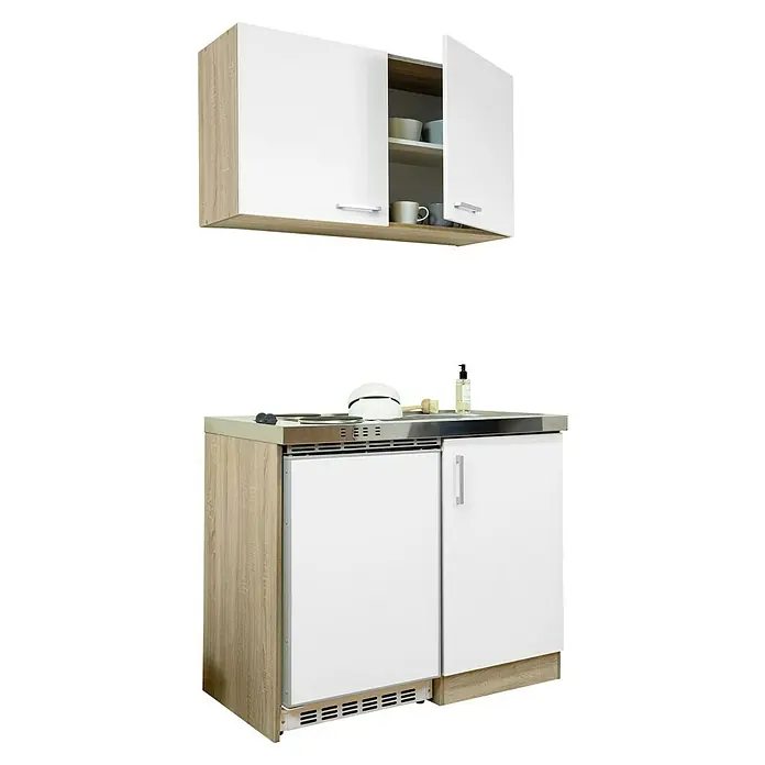 Respekta Miniküche Levin - Breite: 100 cm, Weiß, Mit Duo-Kochmulde, Mit Oberschrank - Küchenschrank mit zwei Hängeschränken in Holzoptik mit weißen Fronten. Eine Abdeckung ist geöffnet, um den Inhalt zu zeigen.