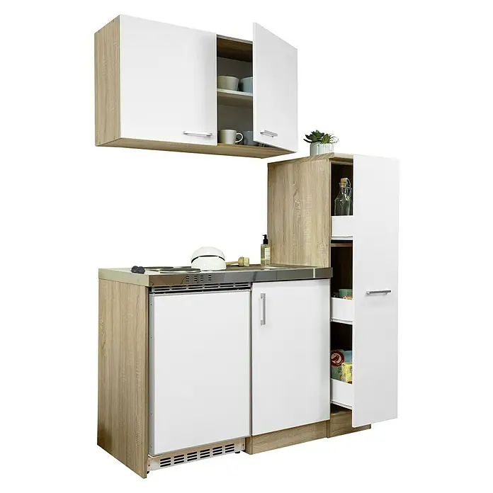 Respekta Miniküche Levin - Breite: 130 cm, Weiß, Mit Platten-Kochfeld - Kompakte Pantryküche mit weißen Fronten und Holzdekor, inklusive Spüle, Kochfeld und Kühlschrank. Praktische Stauraumlösung für kleine Räume.