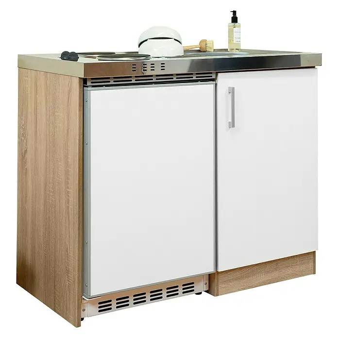 Respekta Miniküche Levin - Breite: 100 cm, Weiß, Mit Duo-Kochmulde - Ein kompakter Küchenblock mit Kochfeld, Kühlschrank und Spüle in Weiß und Holzoptik bietet Funktionalität auf kleinem Raum.