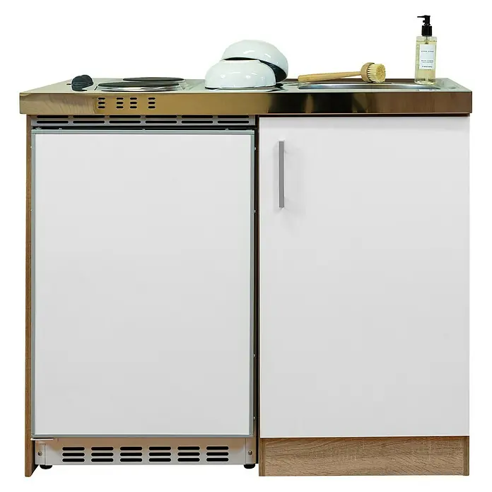 Respekta Miniküche Levin - Breite: 100 cm, Weiß, Mit Duo-Kochmulde - Die Miniküche ist mit einem Kochfeld, einem Kühlschrank und einem Spülbecken ausgestattet. Ideal für kleine Wohnungen oder Studentenwohnheime.