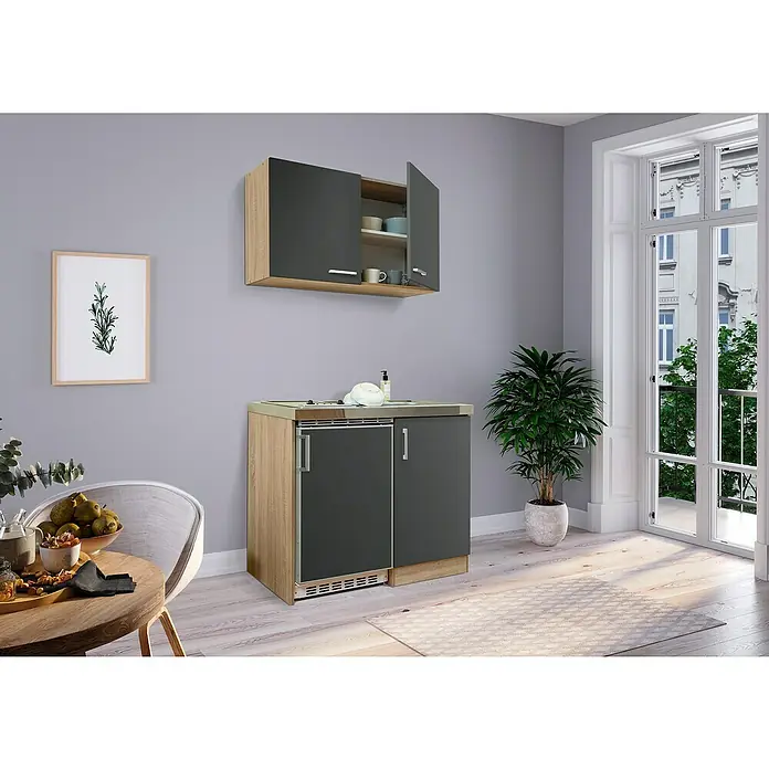 Respekta Miniküche Levin - Breite: 100 cm, Grau, Mit Glaskeramikkochfeld, Mit Oberschrank - Bild eines modernen Küchenbereichs mit kompakten Unterschränken und einem Hängeschrank in Grau und Holzoptik.