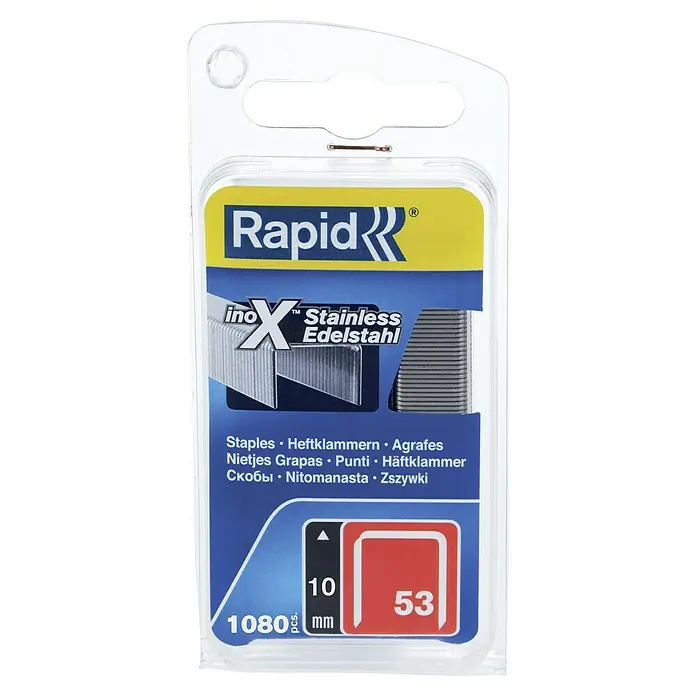 Rapid Heftklammer High Performance 53/10 - Klammertiefe: 10 mm, Edelstahl V2A, 1.080 Stk., Breite: 0,75 mm - Rapid inox Edelstahldrahtklammern: 1080 Stück, 10 mm, Typ 53. Ideal für Tackerarbeiten im Innen- und Außenbereich, rostfreies Material für lange Haltbarkeit.