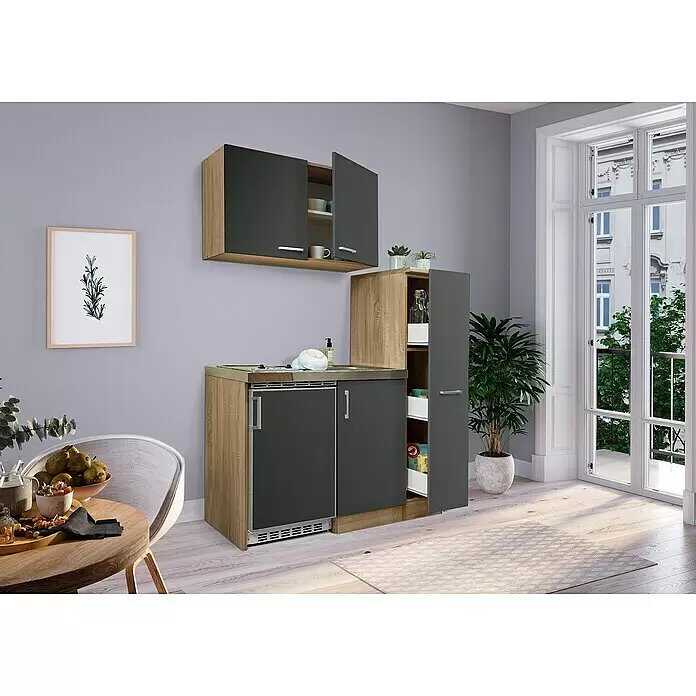 Respekta Miniküche Levin - Breite: 130 cm, Grau, Mit Glaskeramikkochfeld - Kompakte Küchenzeile mit dunkelgrauen und Holzdekor-Fronten, Spüle, Kochfeld, Kühlschrank und Stauschränken in moderner Wohnung.