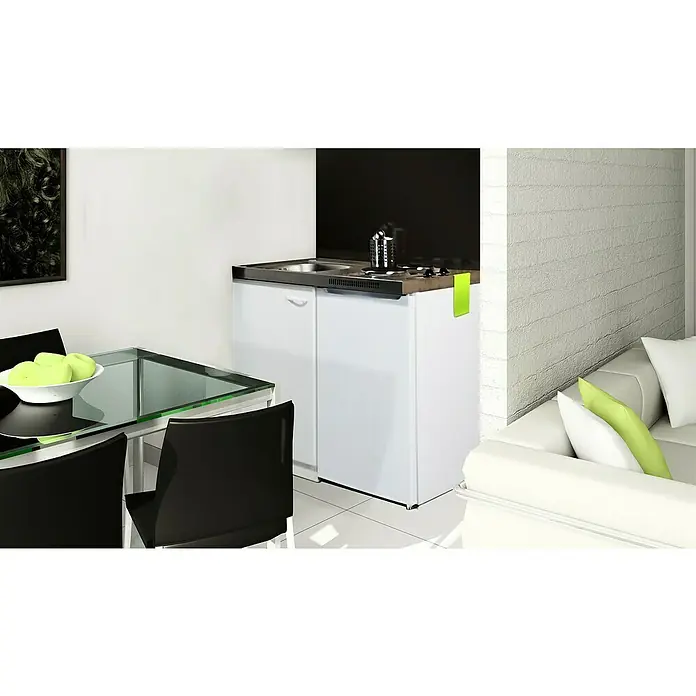 Respekta Minicocina Pantry100 - Ancho: 100 cm, Blanco, Con encimera Duo y nevera - Primer plano de una cocina americana con fregadero, fogones y encimera negra en un estudio moderno.