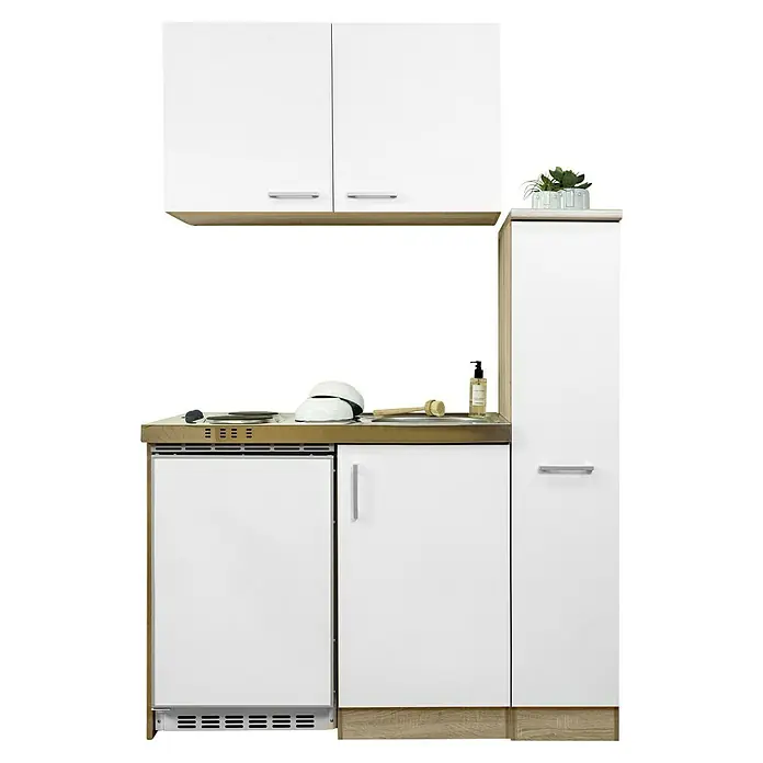 Respekta Miniküche Levin - Breite: 130 cm, Weiß, Mit Platten-Kochfeld - Aufnahme einer modernen, kompakten Küchenzeile mit weißen Schränken, hellem Holzdekor und einem kleinen Kühlschrank unter der Arbeitsfläche.
