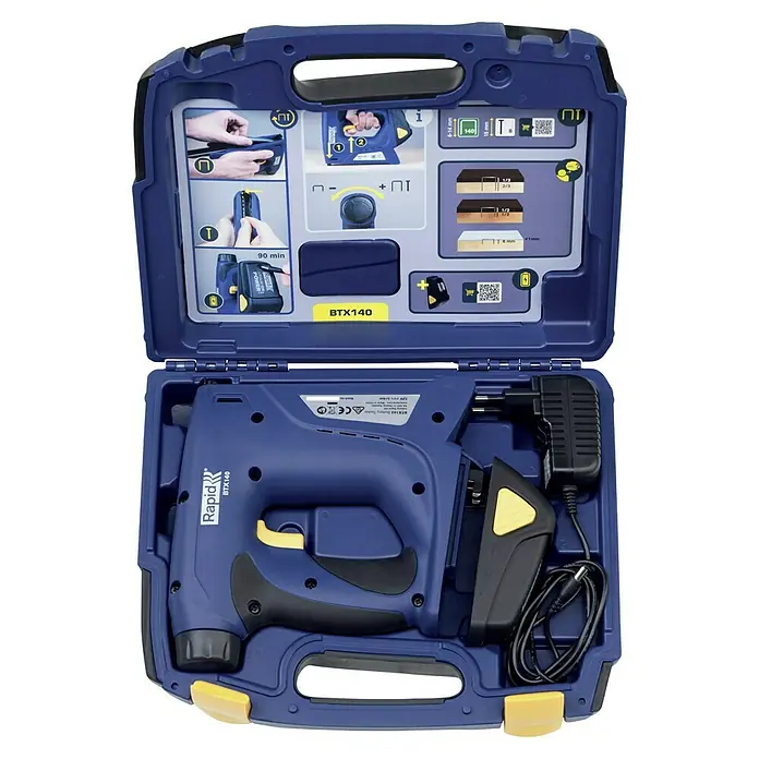 Rapid Akku-Tacker BTX140 - 7,2 V, 1 Akku, 1.300 mAh, Klammertiefe: 6 mm - 14 mm - Rapid Btx140 Akku-betriebener Tacker im blauen Werkzeugkasten, ideal für Heimwerker- und Profi-Projekte, mit Ladegerät und Anleitung für einfache Bedienung.