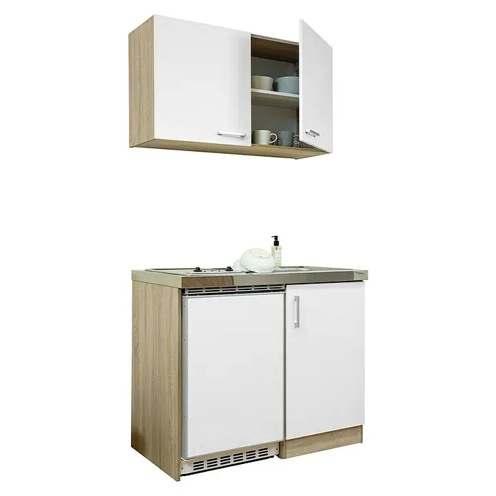 Respekta Miniküche Levin - Breite: 100 cm, Weiß, Mit Glaskeramikkochfeld, Mit Oberschrank - Abgebildete Küchenzeile mit Hängeschrank in Weiß und Holzoptik, ideal für kleine Räume und Appartements. Funktionalität und modernes Design vereint.
