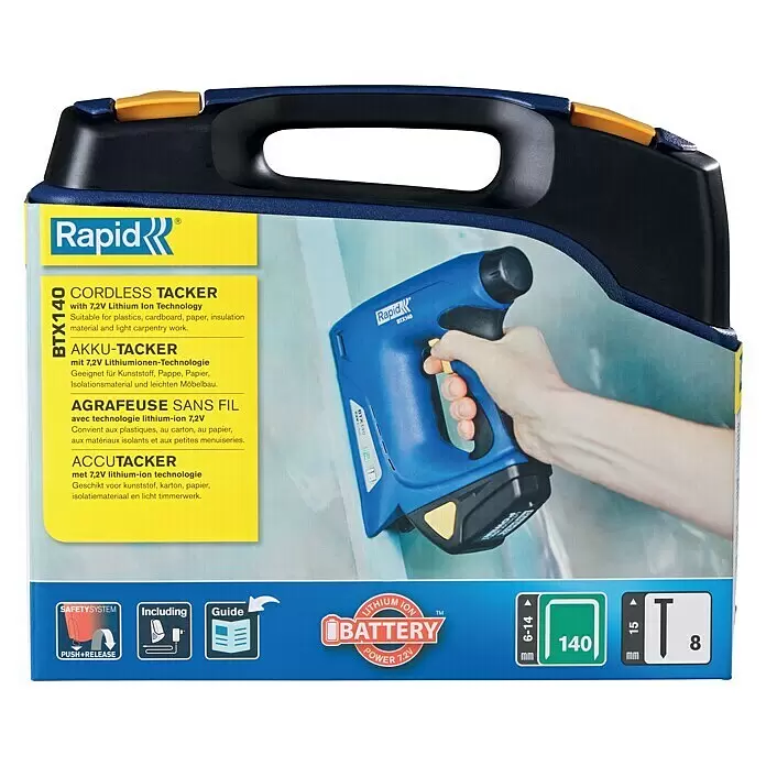 Rapid Grapadora de batería BTX140 - 7,2 V, 1 batería, 1.300 mAh, Profundidad de grapado: 6 mm - 14 mm - Embalaje azul y amarillo de la grapadora sin cable Rapid BTX140, mostrando la grapadora azul y negra de 7,2V en uso.