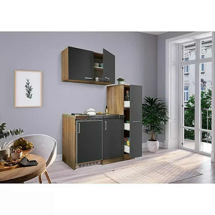 Respekta Miniküche Levin - Breite: 130 cm, Grau, Mit Platten-Kochfeld - Kompakte Küchenzeile mit grauen Türen, Holzoptik, integrierter Spüle, Herd, Kühlschrank und Speisekammer, ideal für kleine Räume.