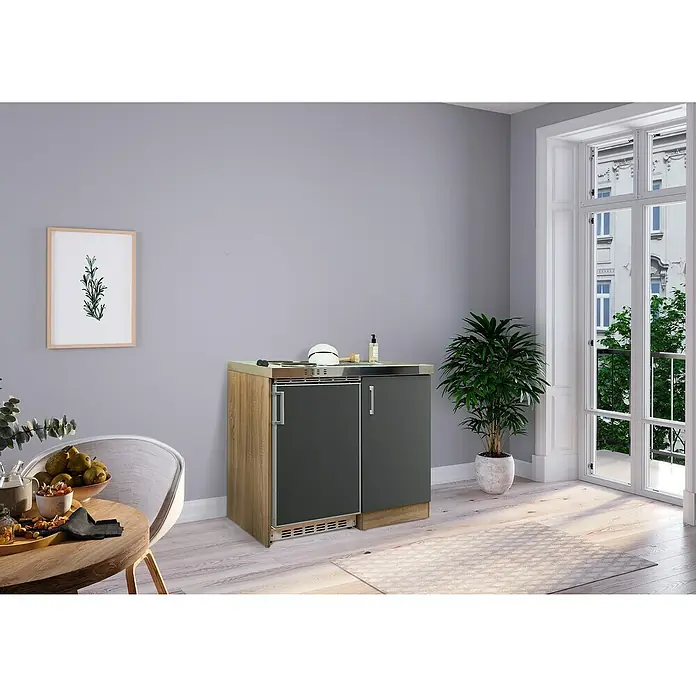 Respekta Miniküche Levin - Breite: 100 cm, Grau, Mit Duo-Kochmulde - Dieses Bild zeigt eine stilvolle Küchenkombination mit integriertem Kühlschrank, ideal für moderne Wohnräume. Das Design besticht durch Funktionalität.