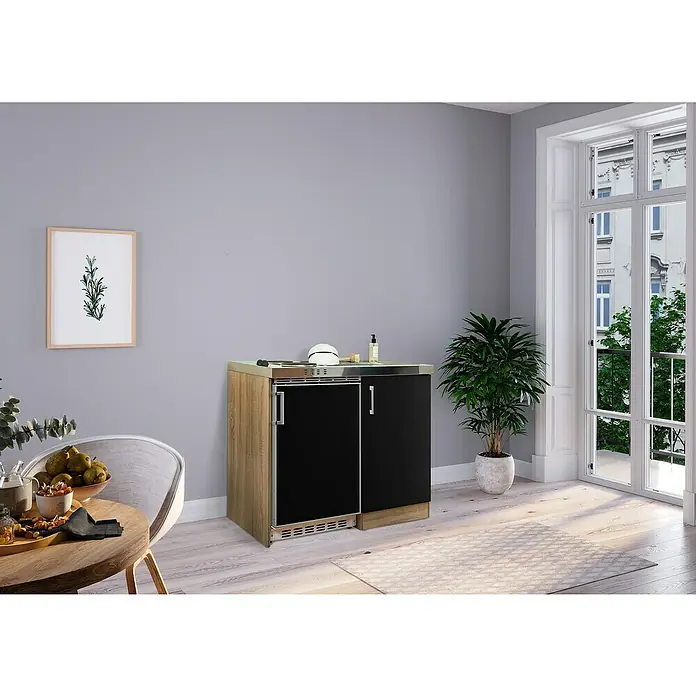 Respekta Minicocina Levin - Ancho: 100 cm, Negro, Con placa de cocina doble - Elegante armario de cocina para exteriores con frentes negros y cuerpo con aspecto de madera. Ideal para el patio, ofrece espacio de almacenamiento práctico.