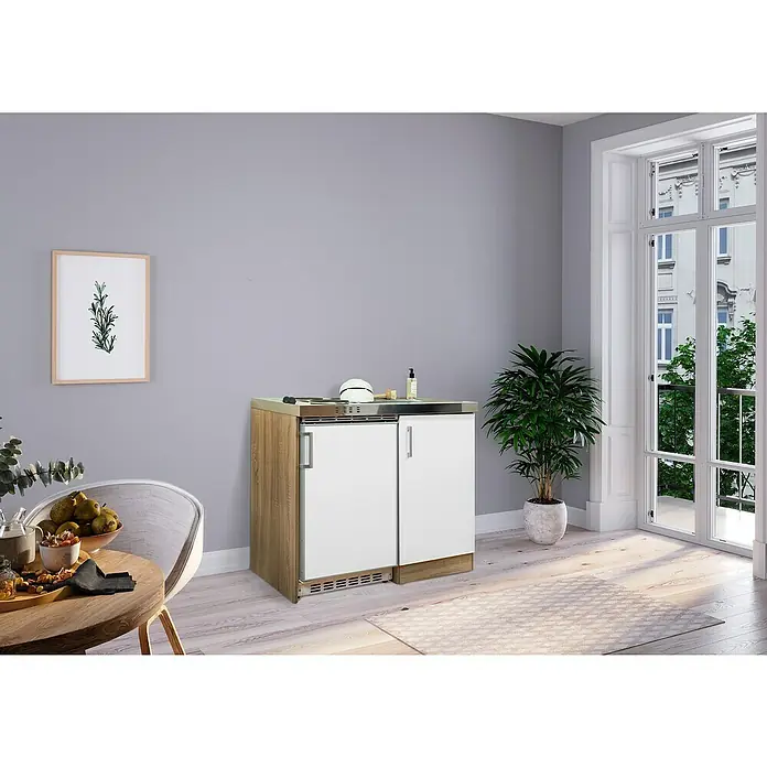 Respekta Miniküche Levin - Breite: 100 cm, Weiß, Mit Duo-Kochmulde - Bild einer modernen, kompakten Minibar mit weißer Front und Holzoptik, ideal für stilvolle Wohnräume.