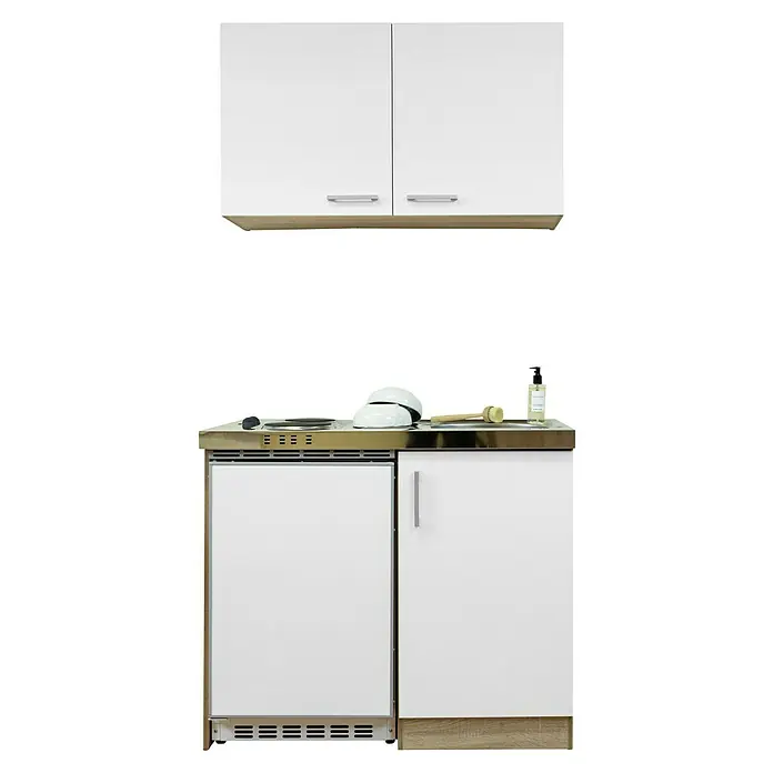 Respekta Miniküche Levin - Breite: 100 cm, Weiß, Mit Duo-Kochmulde, Mit Oberschrank - Kompakte Küchenzeile mit weißen Schränken, Arbeitsplatte in Holzoptik und integrierten Geräten. Ideal für kleine Räume.