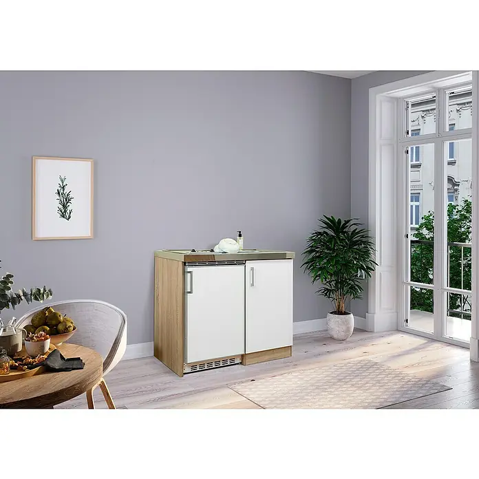 Respekta Miniküche Levin - Breite: 100 cm, Weiß, Mit Glaskeramikkochfeld - Ein stilvoller Küchenschrank mit integriertem Kühlschrank, der Funktionalität und modernes Design in einem bietet, für eine optimale Küchenausstattung.