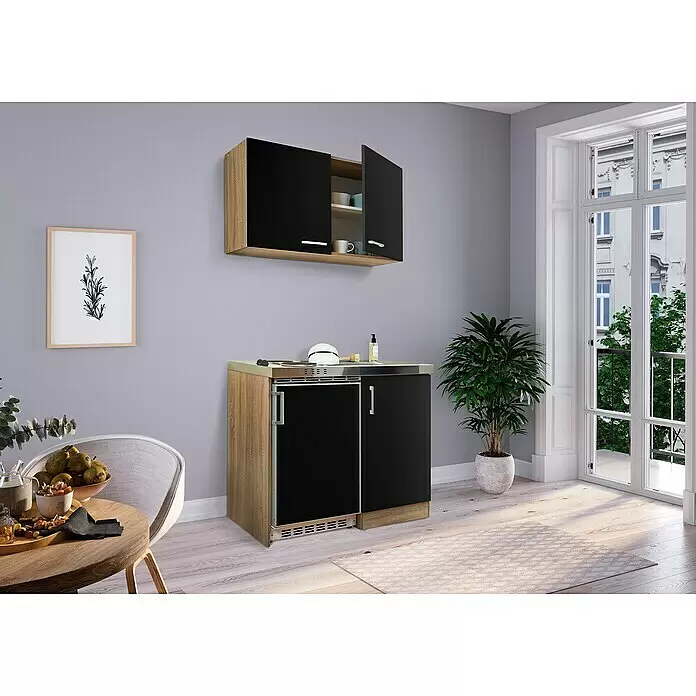 Respekta Minicocina Levin - Ancho: 100 cm, Negro, Con placa de cocción doble, Con armario superior - Mueble de cocina compacto con puertas negras y elementos de madera clara, con armario superior y mueble bajo con electrodoméstico integrado.