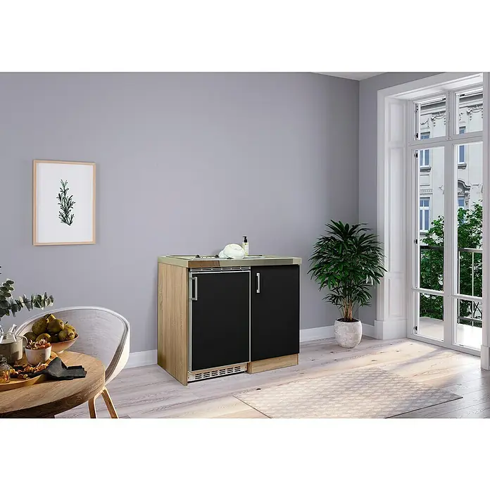 Respekta Minicocina MK100ESSCS - Ancho: 100 cm, Negro, Con vitrocerámica - La imagen muestra una elegante isla de cocina con elementos de madera y negros, combinando funcionalidad con diseño moderno.