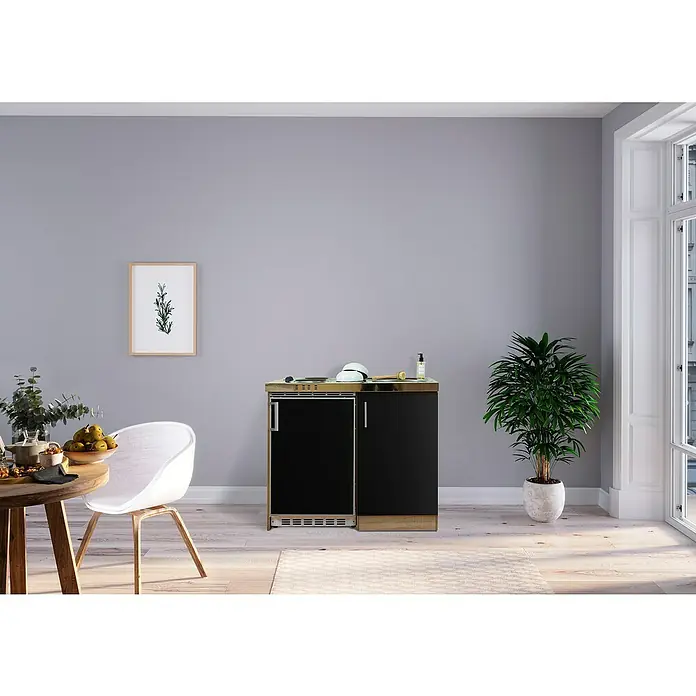 Respekta Minicocina Levin - Ancho: 100 cm, Negro, Con placa de cocina doble - Aquí hay un aparador de cocina moderno con una encimera negra, que combina perfectamente con un comedor moderno y ofrece espacio de almacenamiento adicional.