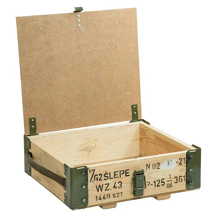Holzkiste - L x B x H: 40 x 35 x 15 cm, Braun - Offene Munitionskiste aus Holz mit aufgedruckten militärischen Spezifikationen, ideal für Lagerung oder als dekoratives Sammlerstück.