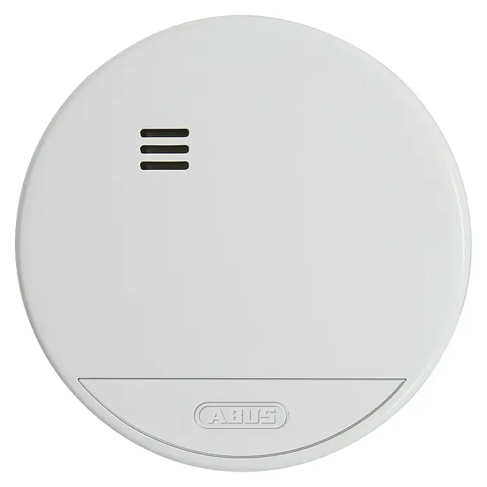 Abus Rauchwarnmelder RWM150 - Durchmesser: 10 cm, Batterielaufzeit: 10 Jahre, Alarmsignal: 85 dB - Weißer ABUS Rauchmelder mit drei horizontalen Schlitzen und ABUS Logo. Warnt zuverlässig vor Rauch.