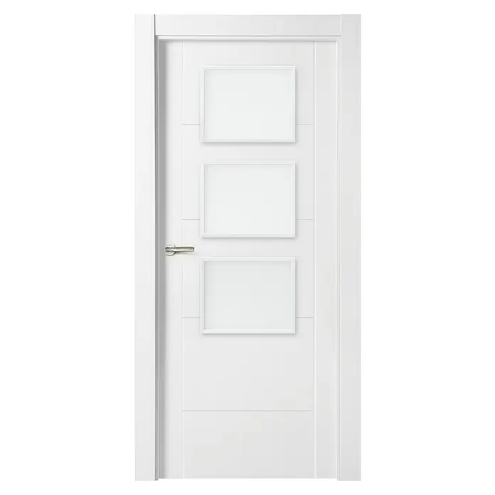Solid Elements Puerta acristalada Berlín - 72,5 x 203 cm, Derecha, Blanco - Primer plano de una puerta blanca con marcos y una manija plateada, que muestra un diseño moderno y elegante.