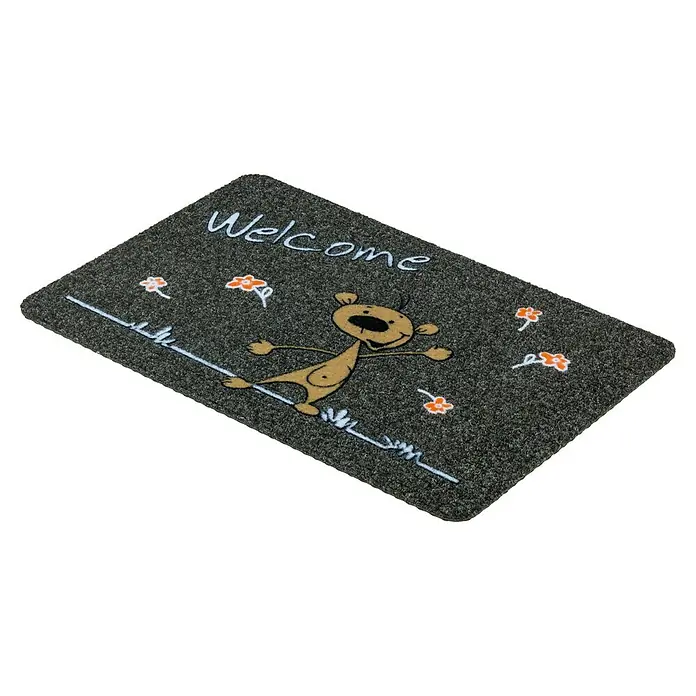 Astra Fußmatte Flocky Color - 40 x 60 cm, Grau/Bedruckt, Material Nutzschicht: 100 % Polypropylen, Welcome Bär - Graue Fußmatte mit der Aufschrift "Welcome", einer Bären-Illustration und Blumen. Ideal für den Eingangsbereich.