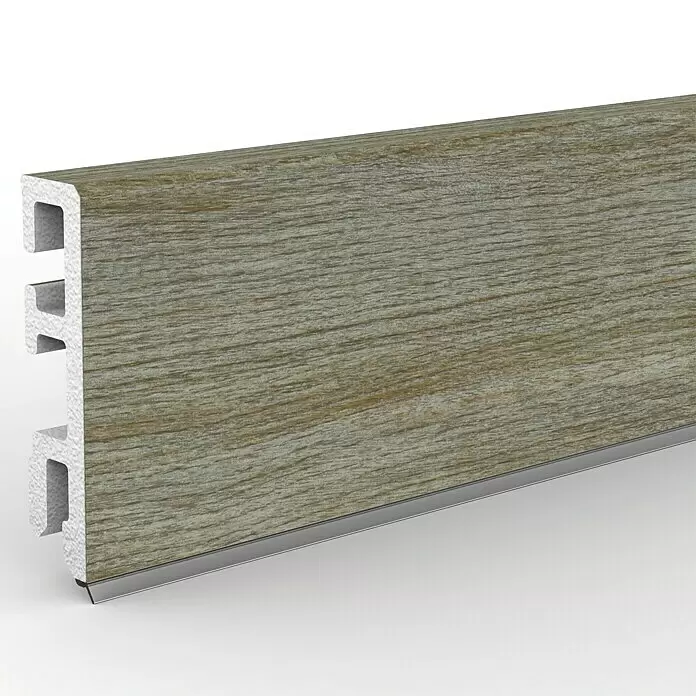 Sockelleiste Cubica 60 Kamptal - 250 cm x 13 mm x 60 mm - Sockelleiste aus PVC in Holzoptik mit Hohlprofilrückseite und unterer Metallleiste.