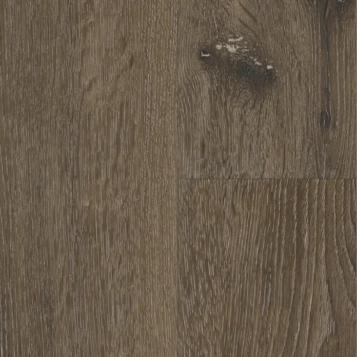 Vinylbodenmuster Strong SPC Structure Mississippi300 x 228 x 3,8 mm, Landhausdiele - Nahaufnahme von dunkelbraunem Holzlaminatboden mit Maserung und einem Astloch, ideal für moderne Inneneinrichtung.