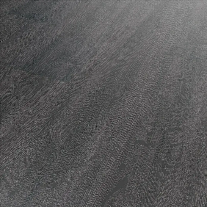 Vinylbodenmuster Strong SPC Structure Alabama - 300 x 228 x 3,8 mm, Landhausdiele - Dieses Bild zeigt eine Nahaufnahme eines dunkelgrauen Laminatbodens mit einer erkennbaren Holzmaserung, die eine elegante und moderne Atmosphäre vermittelt.