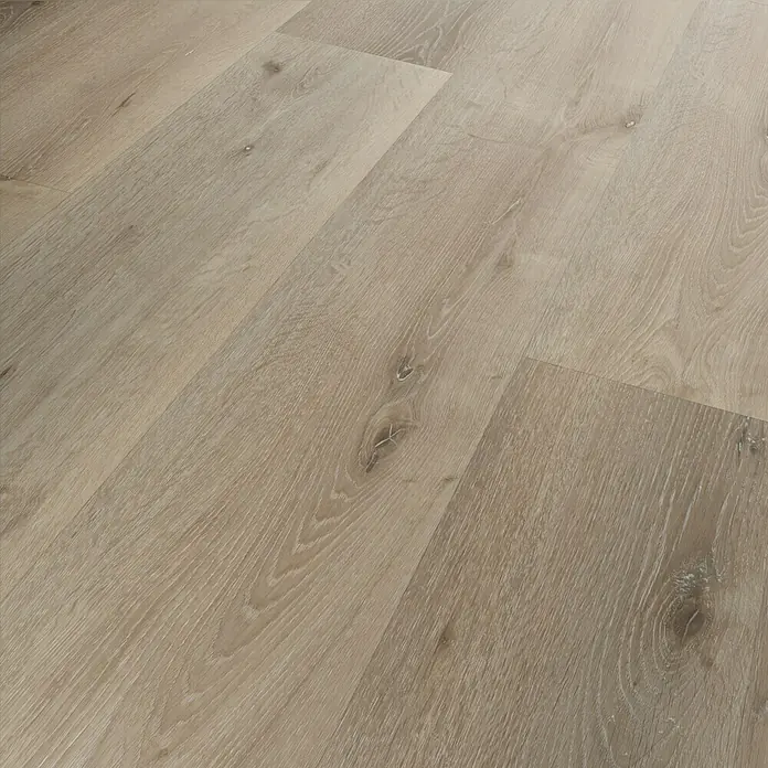 Vinylboden Strong SPC Structure - Virginia, Landhausdiele, 1.220 x 228 x 3,8 mm - Nahaufnahme eines hellen Laminatbodens, der eine natürliche Holzoptik mit Maserung und Astlöchern aufweist, ideal für moderne Wohnräume.