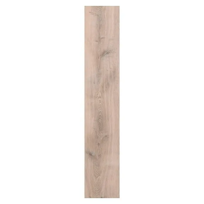 Star Clic Vinylbodenmuster More+ Golden Oak White - 280 x 160 x 5 mm, Landhausdiele - Nahaufnahme einer einzelnen Holzplanke mit einer beigen Holzstruktur und Maserung.