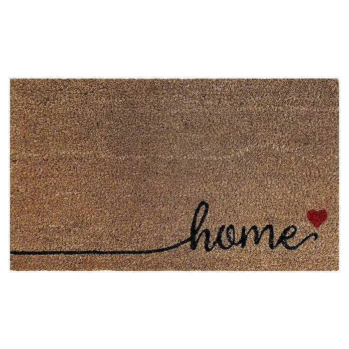 Felpudo Sweet Home - 60 x 35 cm, Negro/Natural, Home - Felpudo de coco marrón con la palabra "Home" en cursiva y un pequeño corazón rojo. Ideal para una cálida bienvenida a tu entrada.