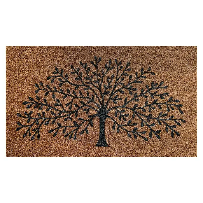 Felpudo Flocado Árbol - 70 x 40 cm, Negro/Natural - Alfombra de fibra de coco con un diseño de árbol negro, ideal para entradas para atrapar la suciedad y la humedad.