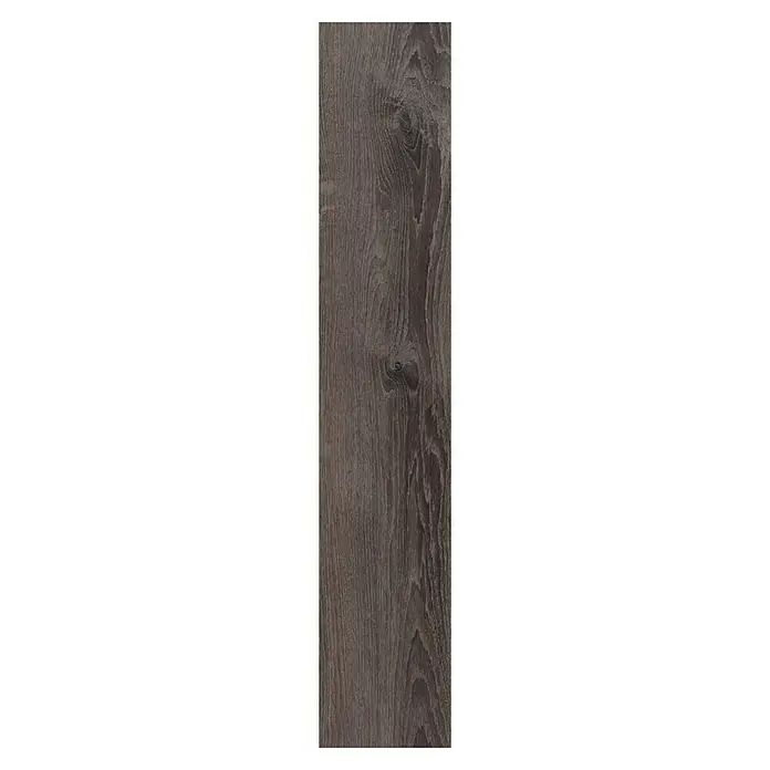 Star Clic Vinylboden More+ - Smoky Oak Grey, Landhausdiele, 1.210 x 220 x 5 mm - Detailaufnahme einer dunklen Holzdielen mit markanter Maserung, ideal für stilvolle Bodenbeläge und Wandverkleidungen.