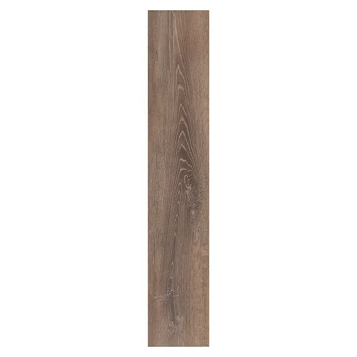 Star Clic Vinylboden More+ - Smoky Oak Natural, Landhausdiele, 1.210 x 220 x 5 mm - Nahaufnahme einer einzelnen Diele des Laminatbodens, die eine natürliche Holzmaserung und eine warme Farbpalette aufweist.